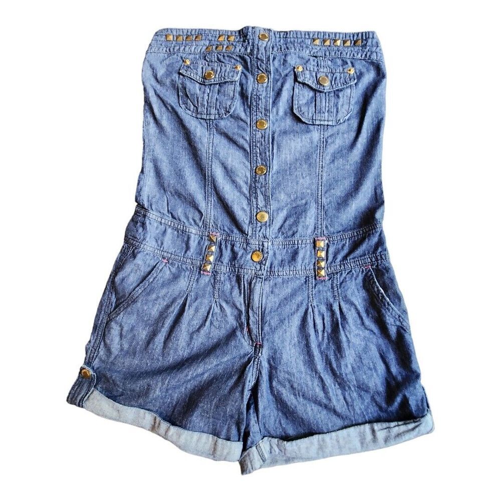 Womens Southpole Blue Denim Romper Jumper Sz Medium Gold Sequin Y2K Shorts Logo